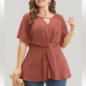 BloomChic Plus Size 2XL Plain Keyhole Knotted Front Ruffle Sleeve Blouse